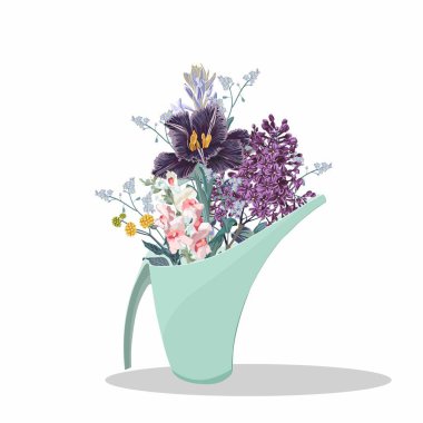 Sulama kutularındaki bahar renkli çiçek buketleri senin tasarımın için. Selamlama ve davetiye kartları için düz biçim illüstrasyonu, poster, afiş, broşür, çanta