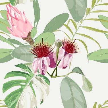 Beyaz arka planda tropikal palmiye yapraklarıyla çiçek açan feijoa çiçekleri ile kusursuz desenli arkaplan.