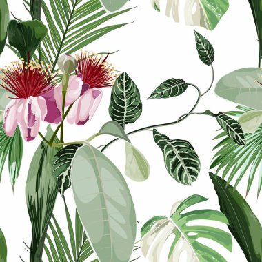 Beyaz arka planda tropikal palmiye yapraklarıyla çiçek açan feijoa çiçekleri ile kusursuz desenli arkaplan.