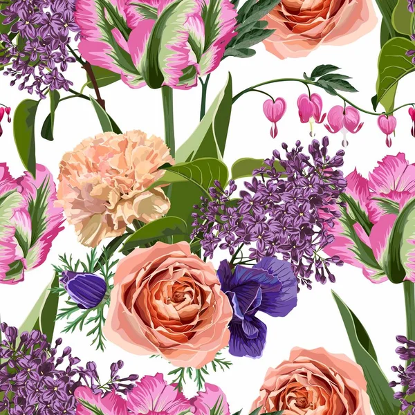 Безшовний Квітковий Візерунок Різнокольоровими Квітами Тюльпанів Листям Весняними Квітами Білому — стоковий вектор