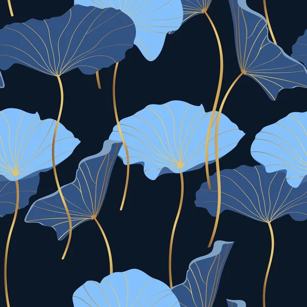 Blaue Abstrakte Lotusblätter Einfache Linienkunst Auf Schwarzem Hintergrund Tapetendesign Für — Stockvektor
