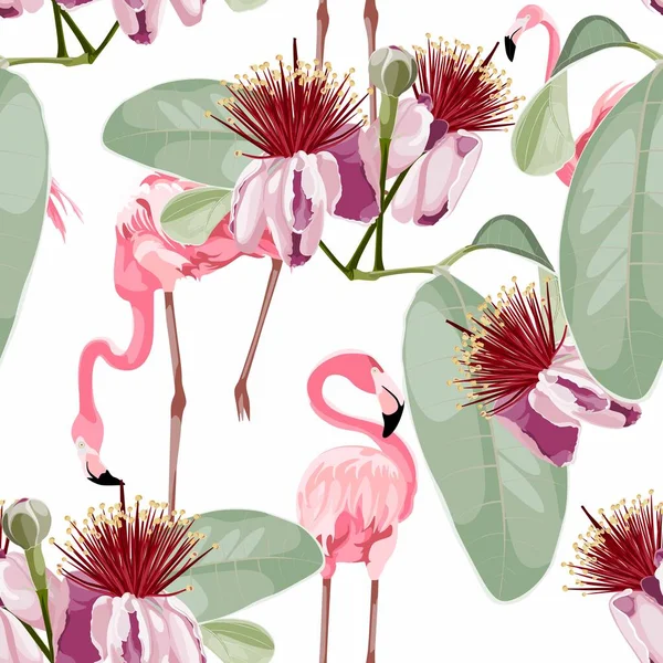 Pink Flamingo Graphic Palm Leaves White Background Floral Seamless Pattern — Stock Vector
