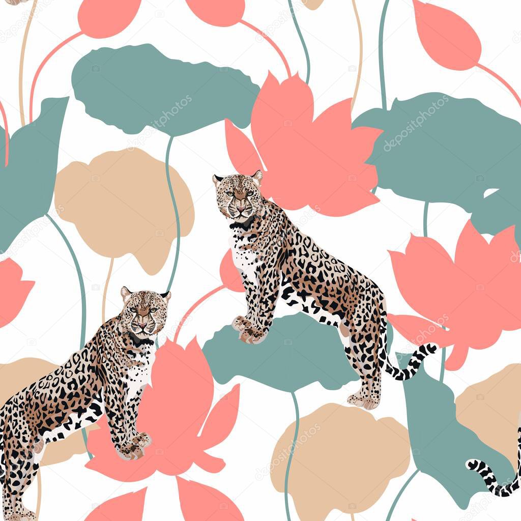 Abstract illustration of a leopard animal on a white background of flowers and leaves silhouette. Seamless floral pattern for fabric and wallpaper.