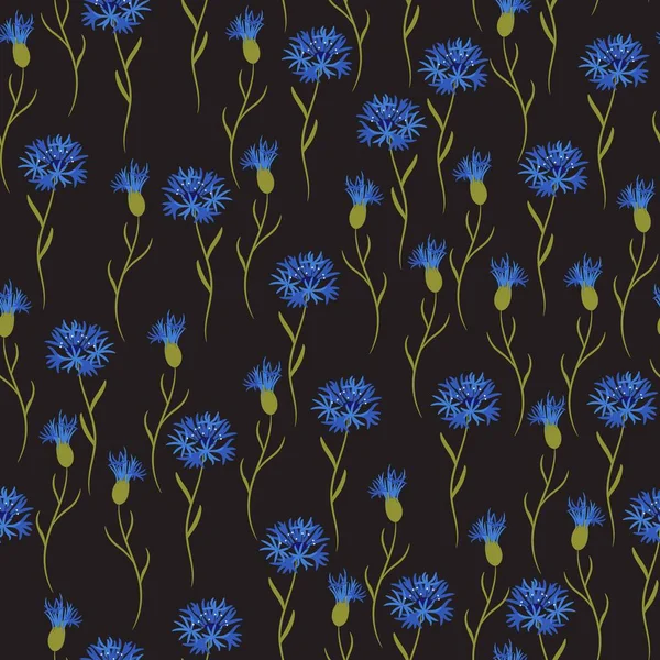 Einfache Kornblume Wildblumen Florales Nahtloses Muster Auf Schwarzem Hintergrund — Stockvektor