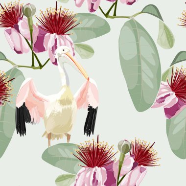 Pelikan kuşu, palmiye yaprakları, feijoa çiçekleri, beyaz arka plan. Çiçeksiz desen. Tropik illüstrasyon. Egzotik bitkiler, kuşlar. Yaz plajı tasarımı. Cennet doğası.