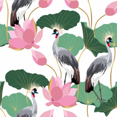 Nilüfer çiçekleri ve yaprakların beyaz arka planında bir vinç kuşunun soyut çizimi. Kumaş ve duvar kağıtları için kusursuz çiçek deseni.