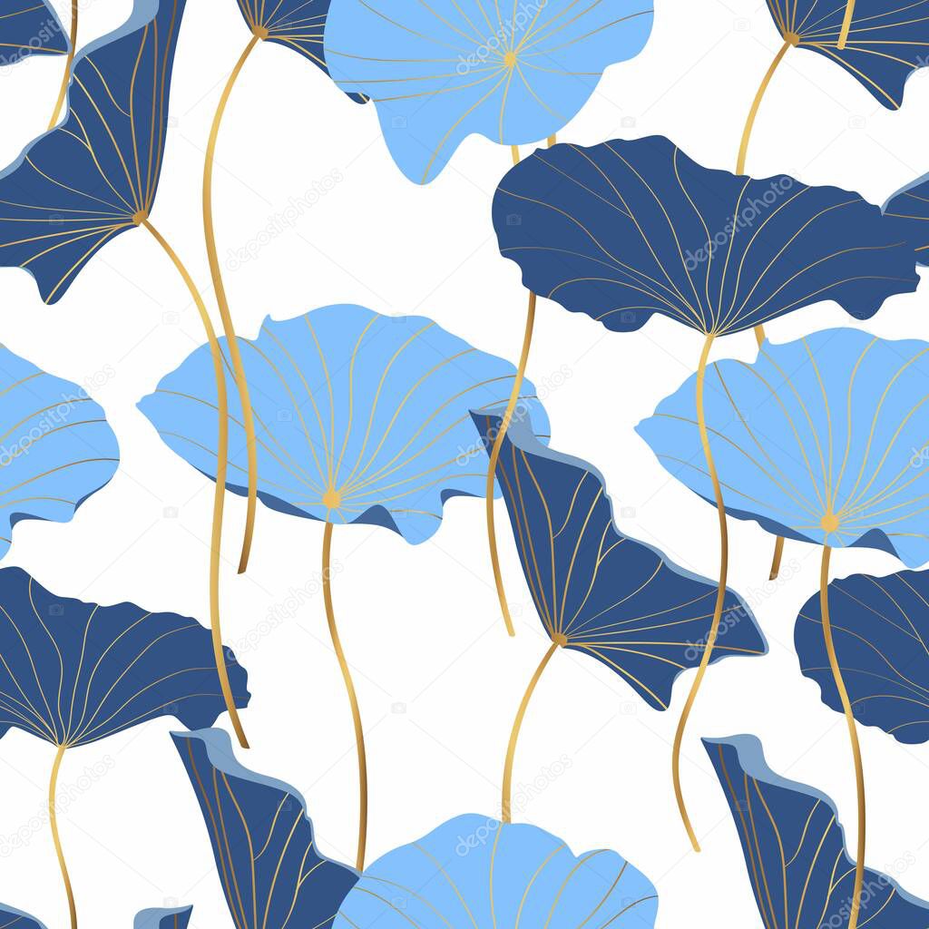 Blue abstract lotus leaves, simple golden line arts on white background. Wallpaper design for prints, banner, fabric, poster.