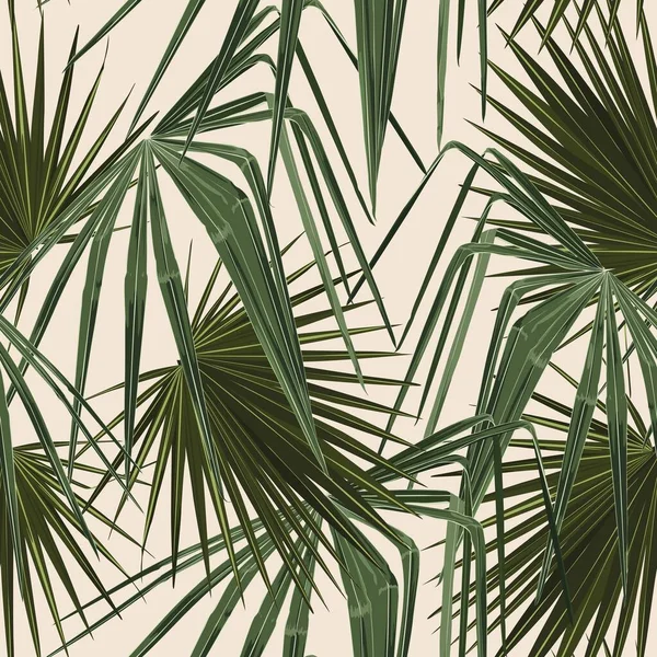 Fashionable Seamless Tropical Pattern Green Tropical Fan Palm Leaves Beige — Vettoriale Stock