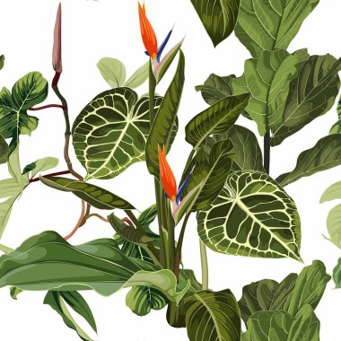 Bright seamless pattern with tropical Strelitzia flowers and leaves. Realistic style, hand drawn. Background for prints, fabric, invitation cards, wedding decoration, wallpapers.