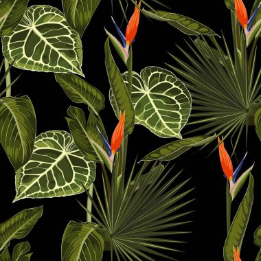 Bright seamless pattern with tropical Strelitzia flowers and leaves. Realistic style, hand drawn. Background for prints, fabric, invitation cards, wedding decoration, wallpapers.