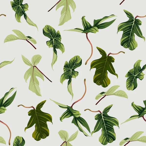 Exotic Bright Green Leaves Seamless Pattern Light Vintage Background — Vettoriale Stock