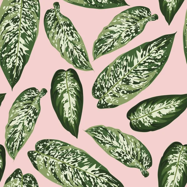 Exotic Beige Bright Green Leaves Seamless Pattern Pink Background — Vettoriale Stock