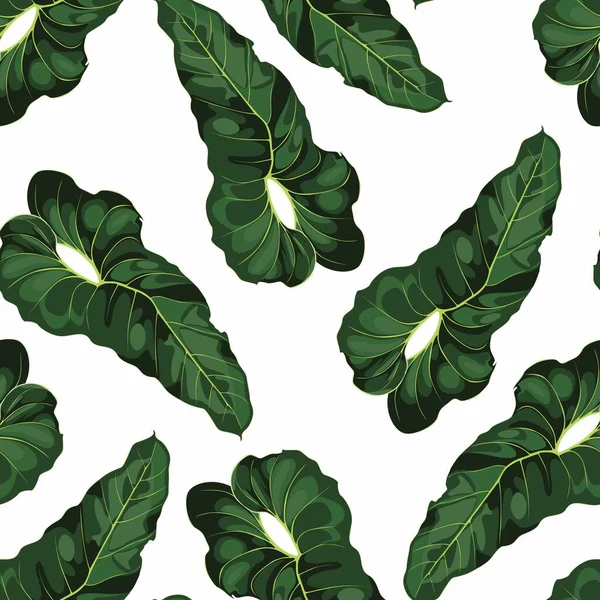 Esotico Verde Scuro Foglie Modello Senza Soluzione Continuità Sfondo Bianco — Vettoriale Stock