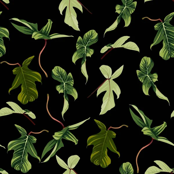 Exotické Jasně Zelené Listy Bezešvé Vzor Světle Vinobraní Černé Pozadí — Stockový vektor