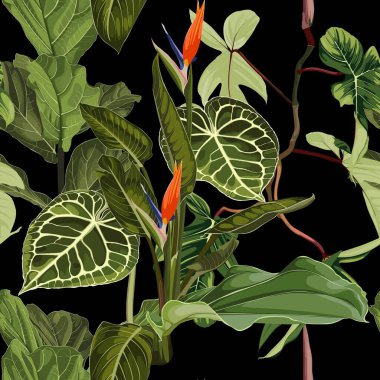 Tropik yeşil yapraklar ve strelitzia çiçeği arka planı. Kusursuz desen. Grafik çizimi. Egzotik orman bitkileri. Yaz plajı çiçekli tasarımı. Cennet doğası.