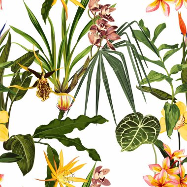 Tropikal sarı çiçekler ve yapraklarla parlak, pürüzsüz bir desen. Gerçekçi stil, elle çizilmiş. Parmak izleri, kumaş, davetiye kartları, düğün dekorasyonu, duvar kağıtları için arkaplan.