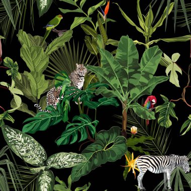 Egzotik ağaçlar, bitkiler ve hayvanlar, klasik siyah arka plandaki kuşlar..