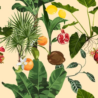 Egzotik meyveler ve yapraklarla parlak, pürüzsüz bir desen. Gerçekçi stil, elle çizilmiş. Parmak izleri, kumaş, davetiye kartları, düğün dekorasyonu, duvar kağıtları için arkaplan.