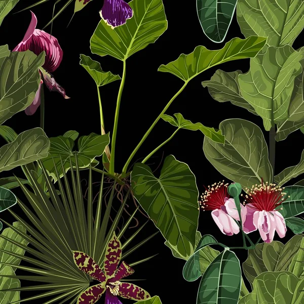 Jasné Bezešvé Vzory Tropickými Květy Listy Realistický Styl Kresba Rukou — Stockový vektor