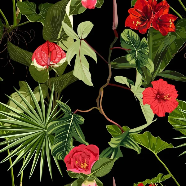 Tropikal Kırmızı Çiçekler Yapraklarla Parlak Pürüzsüz Bir Desen Gerçekçi Stil — Stok Vektör
