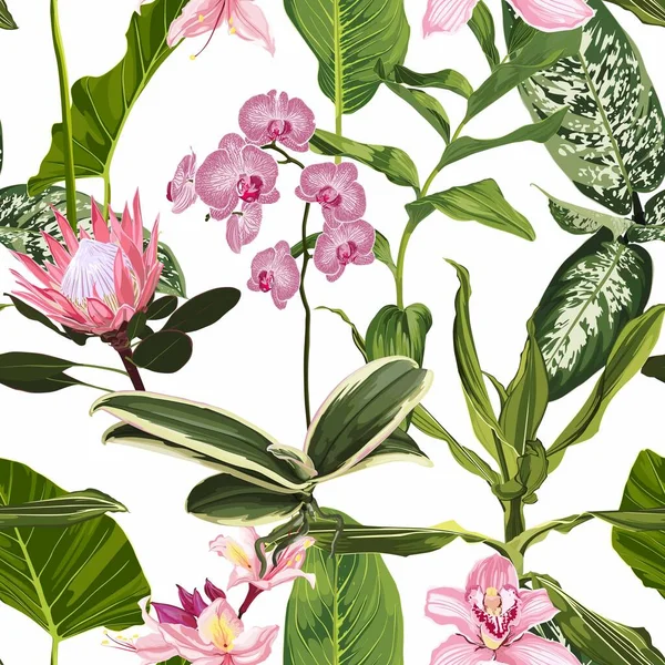 Helder Naadloos Patroon Met Tropische Roze Bloemen Bladeren Realistische Stijl — Stockvector