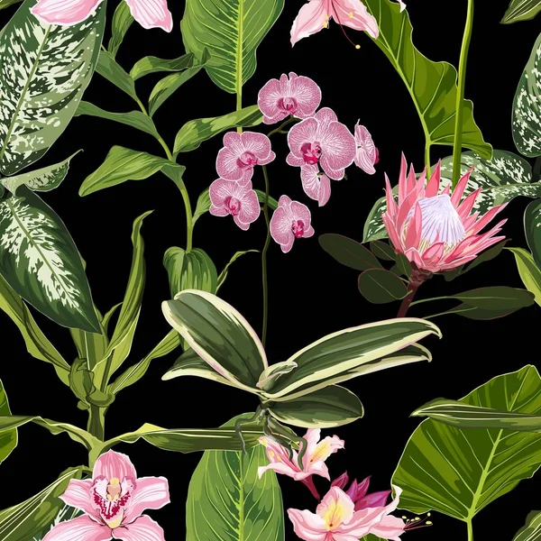 Leuchtend Nahtloses Muster Mit Tropisch Rosa Blüten Und Blättern Realistischer — Stockvektor