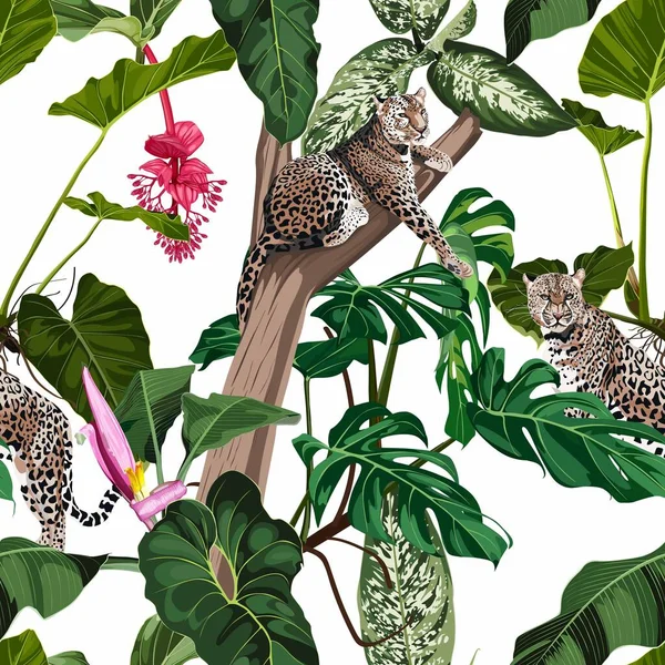 Безшовний Візерунок Екзотичними Деревами Рослинами Квітами Леопардовими Ягуарами Білому Тлі — стоковий вектор