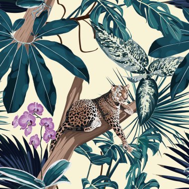 Ağaçta uyuyan kaplan leoparı ve egzotik tropikal yaprakların olduğu renkli çiçek desenli bir gece deseni. Sarı arkaplanda moda süsü.