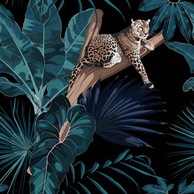 Ağaçta uyuyan kaplan leoparı ve egzotik tropikal yaprakların olduğu renkli çiçek desenli bir gece deseni. Koyu arkaplanda moda süsü.