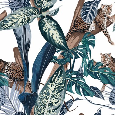 Ağaçta uyuyan kaplan leoparı ve egzotik tropikal yaprakların olduğu renkli çiçek desenli bir gece deseni. Beyaz arkaplanda moda süsü.