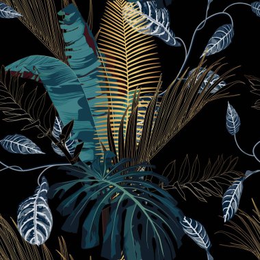 Tropik gece klasik palmiyesi, muz, bitki, altın yapraklar, çiçeksiz sınır siyah arka planı. Egzotik karanlık orman duvar kağıdı.