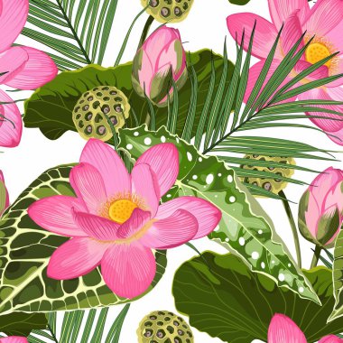 Tropik pembe nilüfer çiçekleri ve yapraklarıyla parlak, pürüzsüz bir desen. Gerçekçi stil, elle çizilmiş. Parmak izleri, kumaş, davetiye kartları, düğün dekorasyonu, duvar kağıtları için arkaplan.