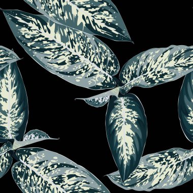 Siyah arka planda mavi tropik egzotik yaprakları olan modaya uygun, pürüzsüz tropikal desenler. Güzel egzotik bitkiler. Modayı takip eden Hawaii baskısı. 