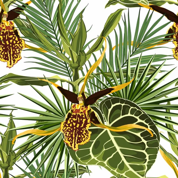 Helles Nahtloses Muster Mit Tropischen Orchideen Blüten Und Blättern Realistischer — Stockvektor