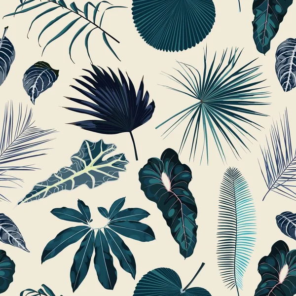 Modieus Naadloos Tropisch Patroon Met Blauwe Tropische Exotische Bladeren Een — Stockvector