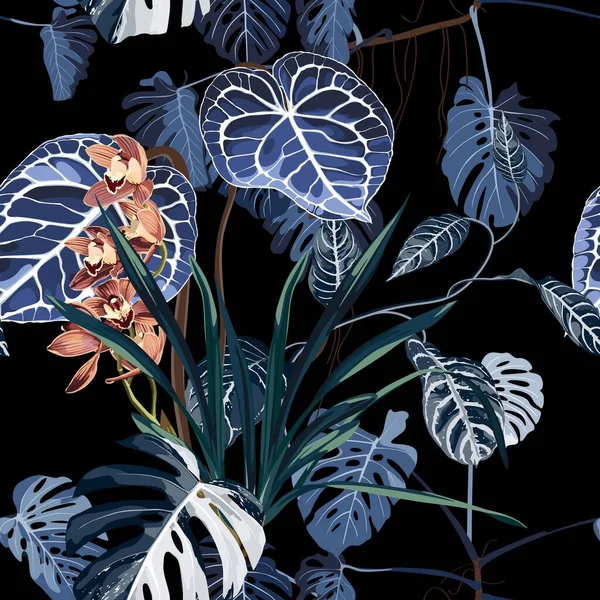Tropische Vintage Palme Monstera Pflanze Orchideenblüten Blumigen Nahtlosen Rand Rosa — Stockvektor