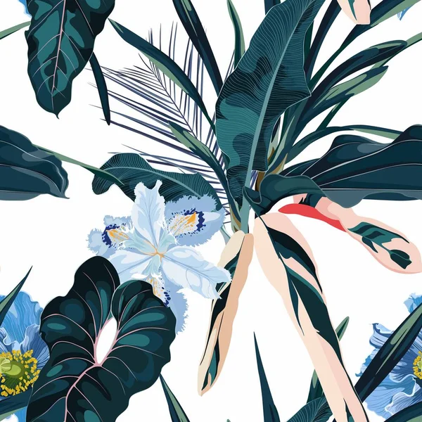 Tropische Vintage Palme Monstera Pflanze Exotische Blaue Blumen Floralen Nahtlosen — Stockvektor