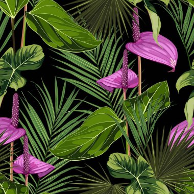 Anthurium. Pürüzsüz çiçek desenleri, mor parlak çiçekler, anturyum ve palmiye yaprakları. Siyah zemin üzerinde tropikal desen. 