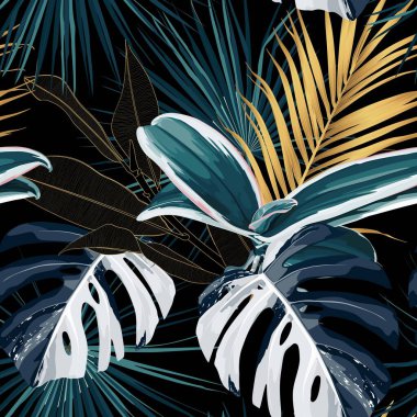 Tropik gece klasik palmiyesi, muz, bitki, altın yapraklar, çiçeksiz sınır siyah arka planı. Egzotik karanlık orman duvar kağıdı.