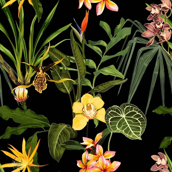 Patrón Brillante Sin Costuras Con Flores Hojas Orhid Amarillo Tropical — Archivo Imágenes Vectoriales