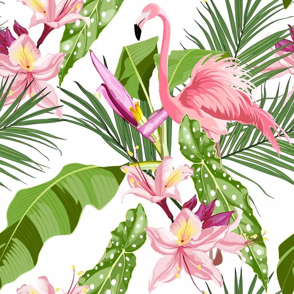 Розовый Фламинго Экзотические Цветы Пальмовые Листья Белый Фон Цветочный Бесшовный — стоковый вектор
