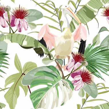 Pelikan kuşu ve egzotik çiçekler, palmiye yaprakları, beyaz arka plan. Çiçeksiz desen. Tropik illüstrasyon. Egzotik bitkiler, kuşlar. Yaz plajı tasarımı. Cennet doğası.