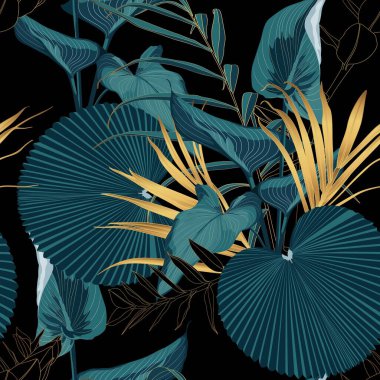 Tropik gece klasik palmiyesi, muz, bitki, altın yapraklar, çiçeksiz sınır siyah arka planı. Egzotik karanlık orman duvar kağıdı.
