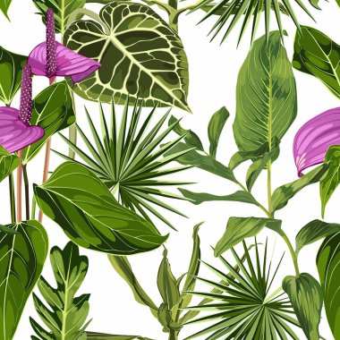Anthurium. Pürüzsüz çiçek desenleri, mor parlak çiçekler, anturyum ve palmiye yaprakları. Beyaz zemin üzerinde tropik desen. 