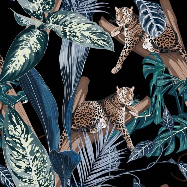 Ağaçta uyuyan kaplan leoparı ve egzotik tropikal yaprakların olduğu renkli çiçek desenli bir gece deseni. Siyah arkaplanda moda süsü.