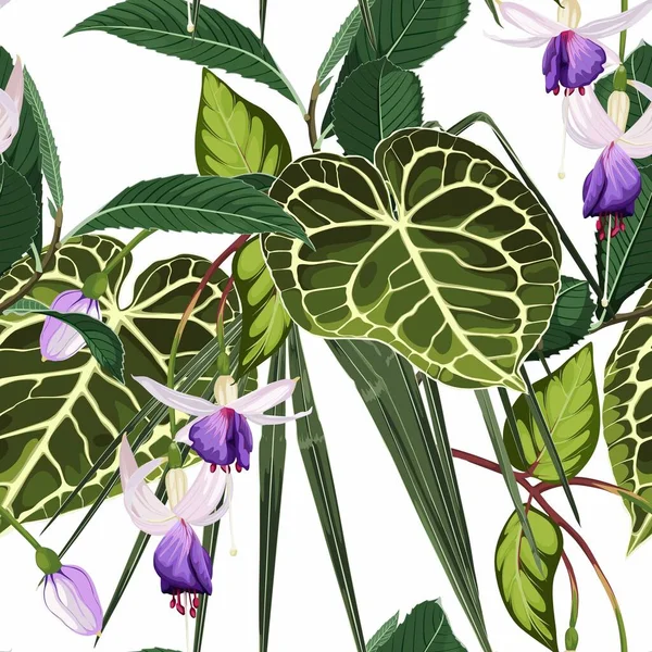 Violetta Klockblommor Sömlös Blommönster Med Violetta Blanka Blommor Och Anturium — Stock vektor