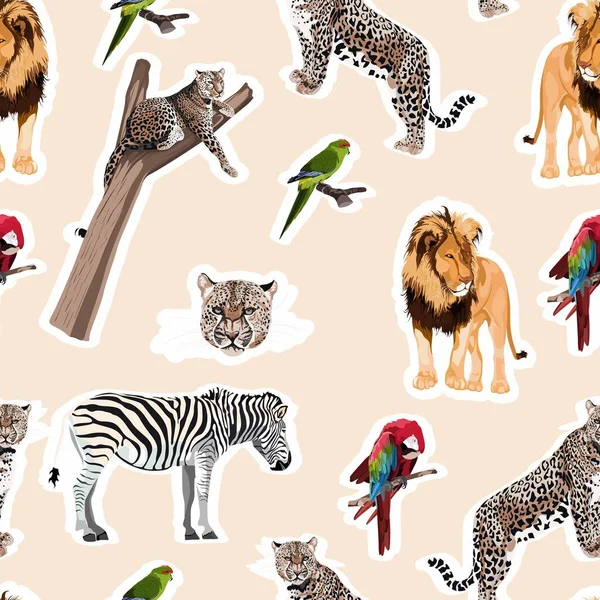 Padrão Colorido Com Tigre Leopardo Leão Aves Animais Ilustração Ornamento — Vetor de Stock