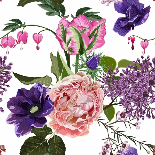 Pembe güller, leylaklar, şakayıklar ve beyaz arka planda lalelerle kusursuz çiçek desenleri. Yaz ve bahar motifleri. Modaya uygun çiçek dokusu.