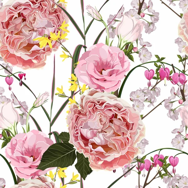 无缝隙的花图案 粉红色的玫瑰花朵和樱桃树枝条 粉色的心在白色的背景上 夏天和春天的主题 时尚的植物质感 — 图库矢量图片