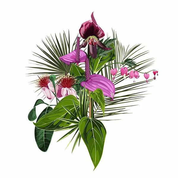 Tropikal Davetiye, çiçek daveti teşekkür ederim, RSVP modern kart tasarımı. Egzotik çiçekleri, yeşil otları ve yaprakları olan tropik bir buket seti..